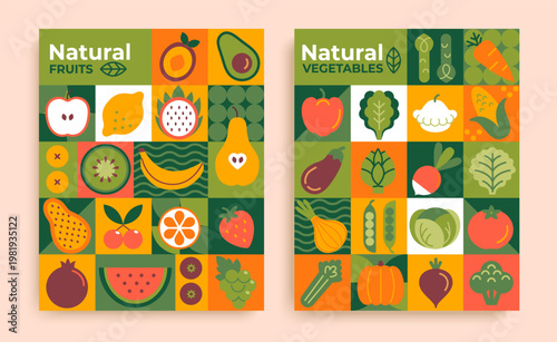 Natural fruits and vegetables on geometric background. Bright template icons of most popular fruits and vegetables for web, design, packaging, label, advertise and print. Vector illustration.