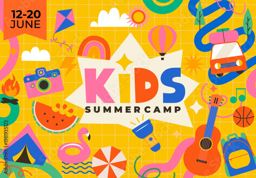 Kids Summer camp bright banner. Childish background with symbols of active camping - tent, backpack, guitar, campfire, watermelon. Adventure poster, flyer,kids education and outdoor activities. Vector