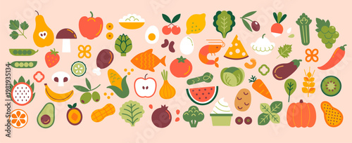 Big set of fruits, vegetables, berries, meat and fish icons. Fresh organic and natural food, different farm products, autumn harvest. Flat isolated hand drawn elements for design. Vector illustration.