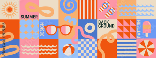 Horizontal summer geometric background with fun hand drawn doodle shapes,squiggles in childish style with hot season symbols-beach umbrella, sunglasses, ice cream, ball. Vector illustration.