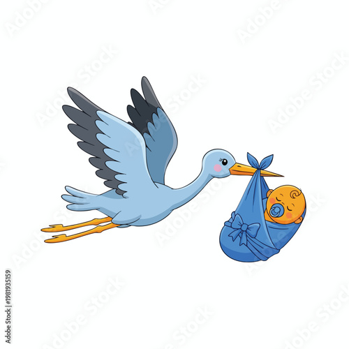 Illustration of a stork delivering a baby bundle symbolizing new life and family expansion