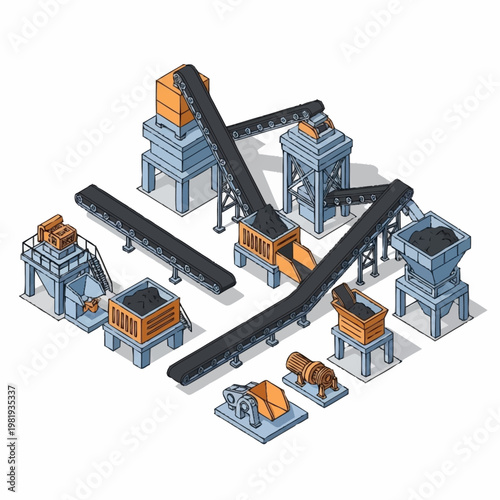 Isometric illustration of a coal processing plant with conveyor belts and machinery.