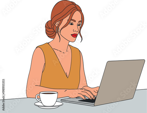 Vector illustration of a focused young woman with her hair in a bun, typing on a laptop with a cup of coffee on a desk, creating a modern and professional workspace scene
