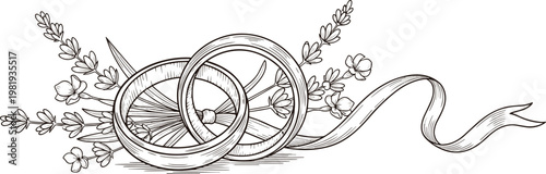 Vintage Hand-drawn Wedding Rings with Floral Accents and Ribbon, Elegant Illustration for Marriage, Love, and Wedding Themes