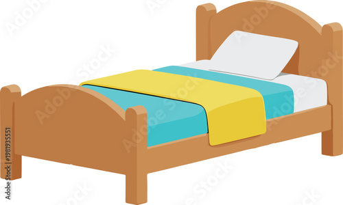 Simple Wooden Bed Icon with Colorful Bedding for Bedroom Design and Interior Decoration
