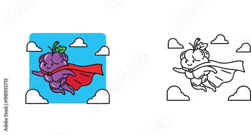 Cute Superhero Grape Cartoon Coloring Page for Kids, Fun Fruit Character Illustration with Colored Version and Black and White Line Art Vector for Children's Activity Book