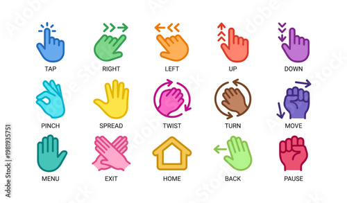 Colorful hand gesture icons for touchscreen navigation