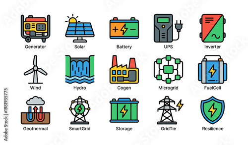 Renewable energy icons: generator, solar, battery, ups, inverter, wind, hydro, cogen, microgrid