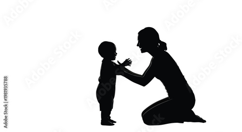Silhouette of a loving mother reaching out with open arms to her happy baby boy standing nearby