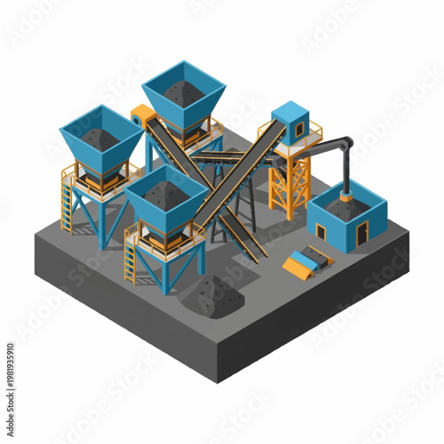 Industrial coal processing plant with conveyor belts and hoppers, isometric view.