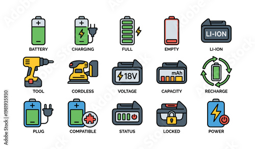 Battery icons set: charging, full, empty, tools, compatibility, power status