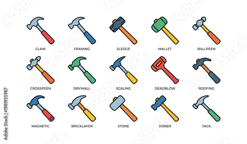 Collection of colorful hammers: claw, framing, sledge, mallet, ballpeen, and more