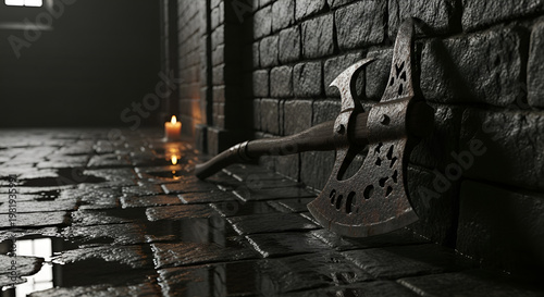 Rusty Medieval Double Axe Resting in a Dark Dungeon