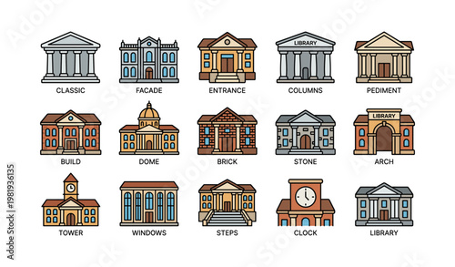 Collection of classic architectural facades with columns and pediments