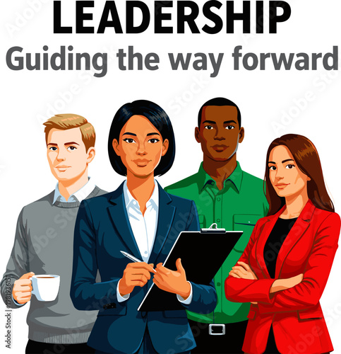 Create a realistic Group of people and leader vector art with white background.
