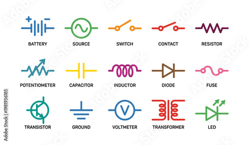 Colorful electrical component symbols including battery resistor diode and capacitor