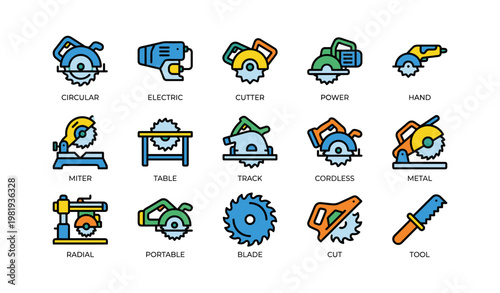 Various types of saws and tools: circular, miter, table, and more