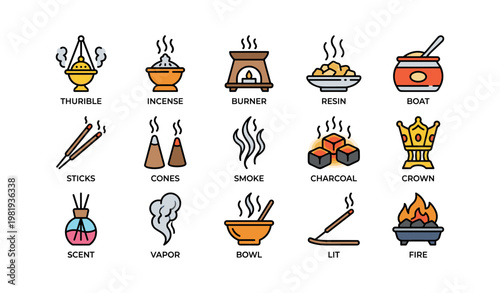Colorful incense icons with thurbile, resin, and scent sticks on white background