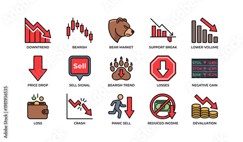 Financial market downtrend symbols indicating bearish trends and economic losses