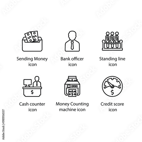 Sending Money, Bank officer, Standing line, Cash counter, Money Counting machine, Credit score, icon