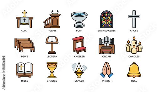 Church symbols: altar, pulpit, font, stained glass, cross, pew, lectern, kneeler, organ, candle, bible, chalice, censer, prayer, bell