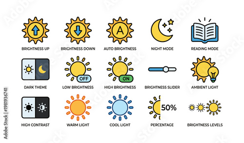 Brightness and mode icon set for display settings