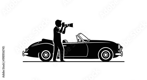 Man taking photo with vintage car.