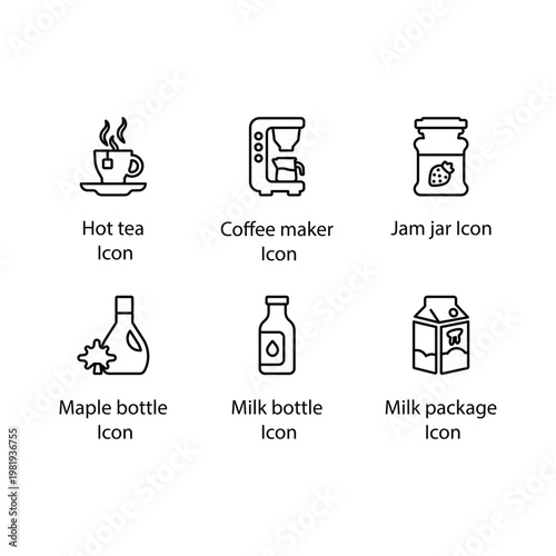 Hot tea, Coffee maker, Jam jar, Maple bottle, Milk bottle, Milk package, icon