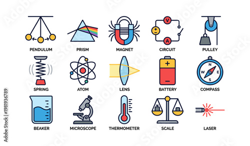 Set of 16 science icons featuring pendulum, prism, and more