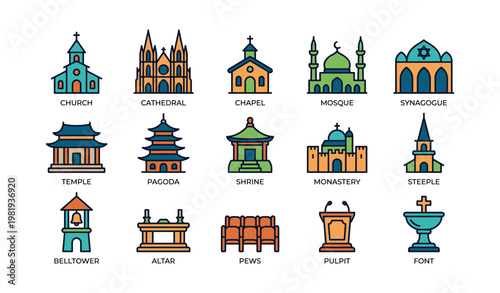 Icons of religious buildings: church, mosque, synagogue, temple, pagoda