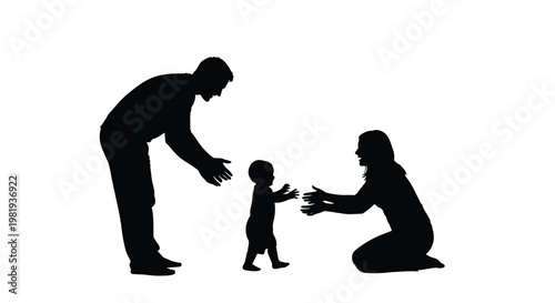 Silhouette of parents reaching out to their baby taking the very first steps on white background