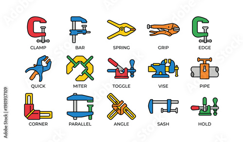 Variety of clamps and vises with different designs for holding and securing objects