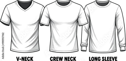 Create a realistic kinds of deferent Blank White Men's T-shirt design template vector art with white background..