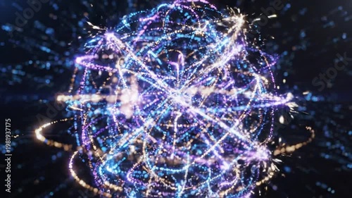 Abstract glowing energy sphere with swirling light trails and particles in a dark cosmic background