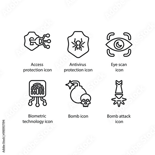 Access protection, Antivirus protection, Eye scan, Biometric technology, Bomb, Bomb attack, icon