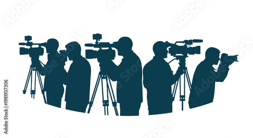 Dynamic silhouette illustration showing a professional team of videographers and photographers actively operating various cameras.