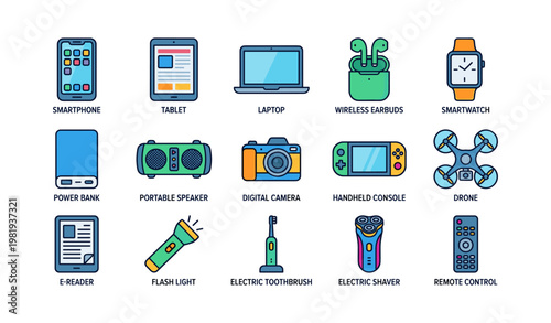Collection of modern electronic devices and gadgets
