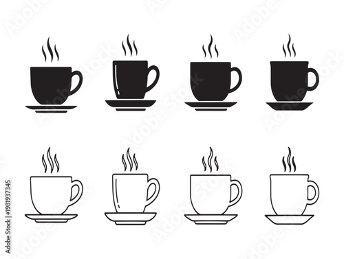 Black and white illustration of eight cups of steaming hot coffee or tea