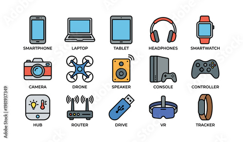 Gadget collection featuring smartphone laptop tablet headphones smartwatch icons