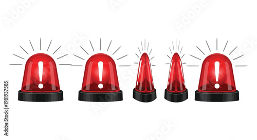 Set of bright red emergency siren beacon lights featuring white exclamation mark symbols for vector design