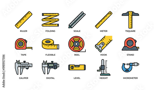Various measuring tools: ruler, caliper, tape, t-square, micrometer, level