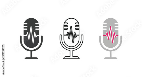 Three flat vector microphone icons featuring sound wave graphic elements for professional audio branding design projects