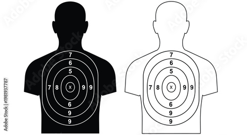 Human body silhouettes featuring numbered shooting target rings for practice in marksmanship and firearms training sessions daily