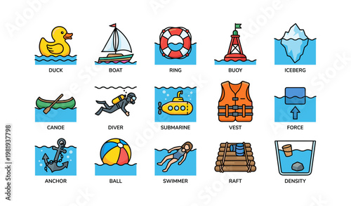 Water-themed icon set featuring duck, boat, diver, and more nautical elements