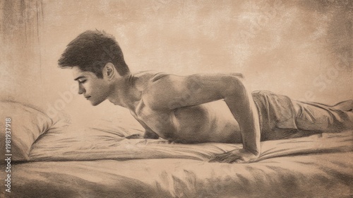 Young man doing push-ups on a bed, sepia-toned, side profile, exercising for a healthy lifestyle