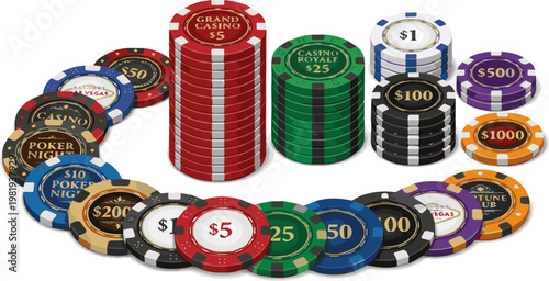 Create a realistic kinds of deferent Casino chip vector art with white background.