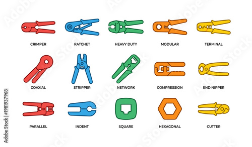 Colorful tools collection: crimper, ratchet, stripper, and more for electrical and network use