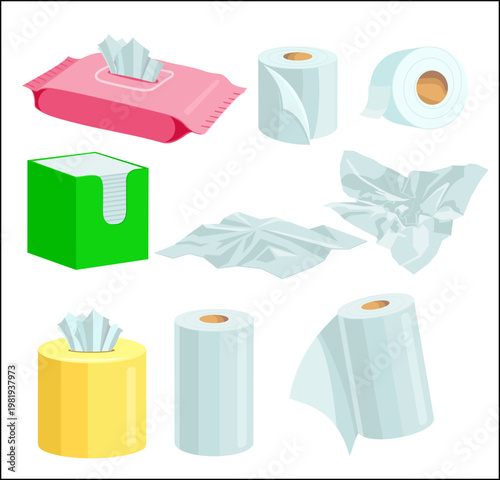 Paper napkin set cartoon. Wet and dry. Napkin Box. Tissue box white tissue. Kitchen napkins. The crumpled napkin lies. Used napkin or crumpled paper isolated on white. Hygiene concept