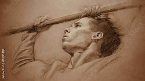 Sepia tone illustration of a man gripping a wooden pole, looking up with determined expression