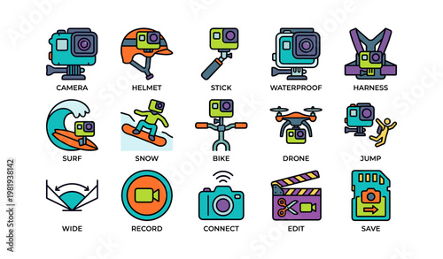 Action camera icons: helmet, stick, waterproof, surf, snowboard, bike, drone, edit, jump